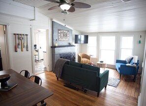 Smart TV, fireplace, books