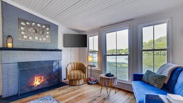 Smart TV, fireplace, books