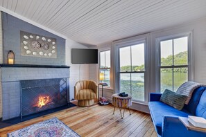 Smart TV, fireplace, books