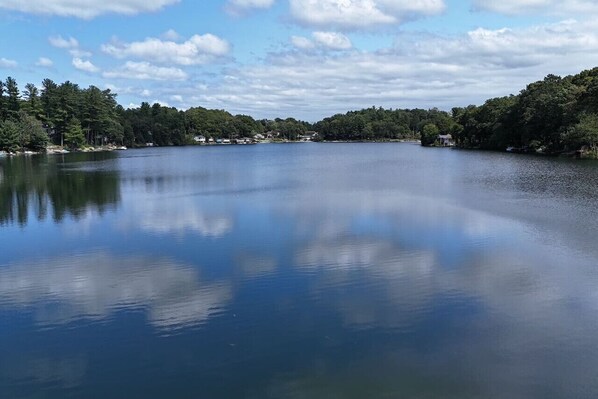 A calm lake with a clear reflection of the sky and surrounding trees.