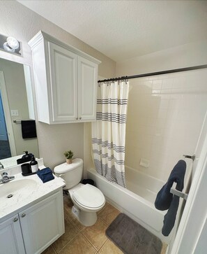 Hair dryer, towels, soap, toilet paper