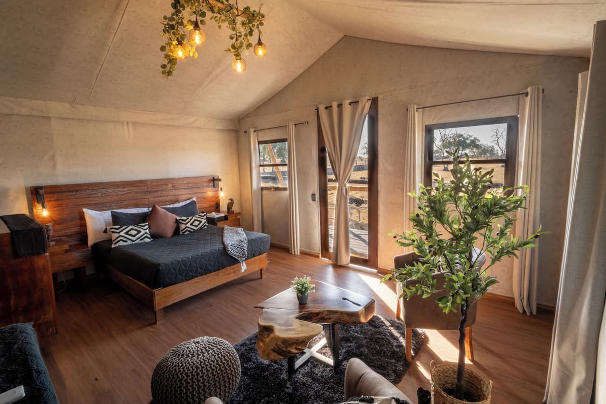 Ein Schlafzimmer mit einem hölzernen Bett, einem kleinen Tisch, einer Zimmerpflanze und Blick ins Freie.