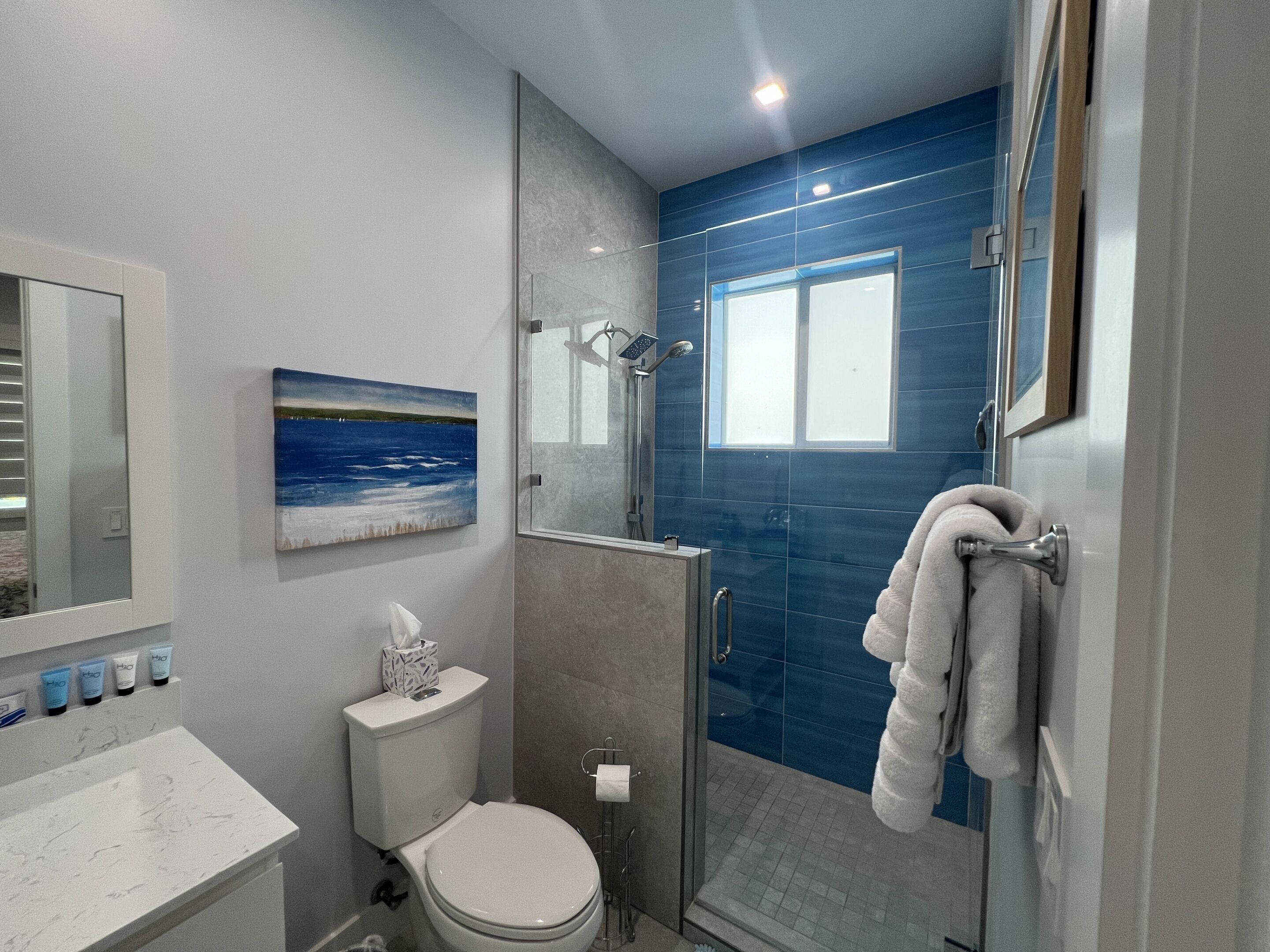 Un baño moderno con inodoro, lavamanos y ducha.