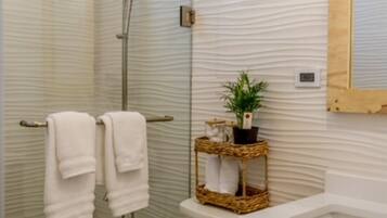 Hair dryer, towels, soap, shampoo
