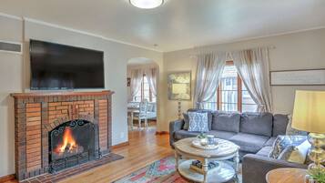 TV connectée, cheminée, lecteur de DVD, livres