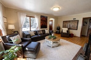 Smart TV, fireplace, DVD player, books