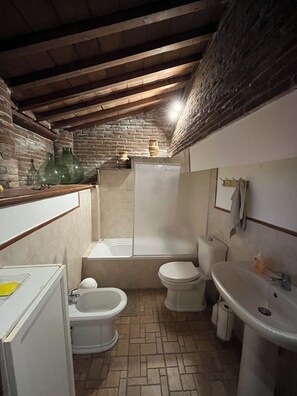 Hair dryer, bidet, towels, soap