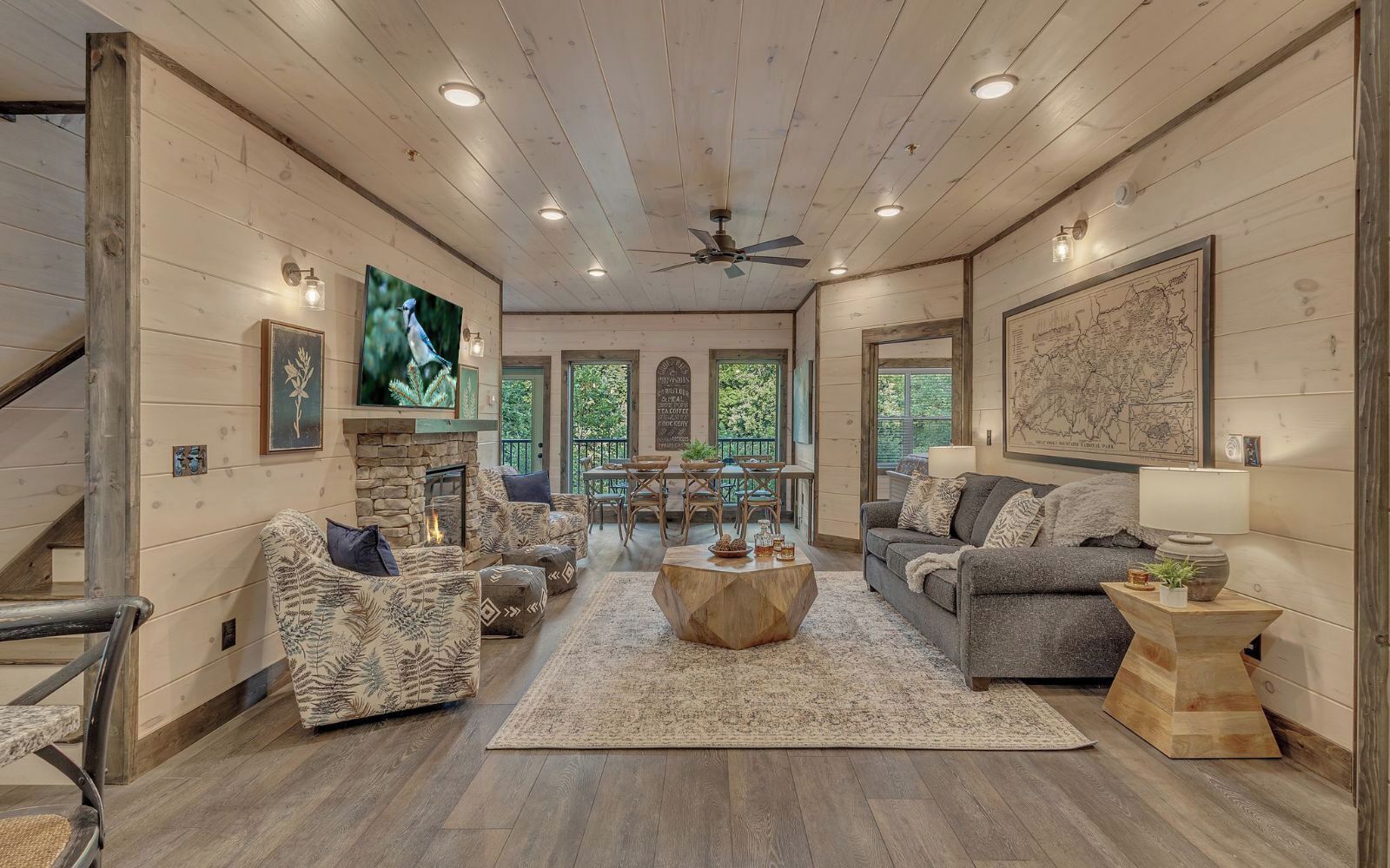 Smart TV, fireplace, video games, DVD player