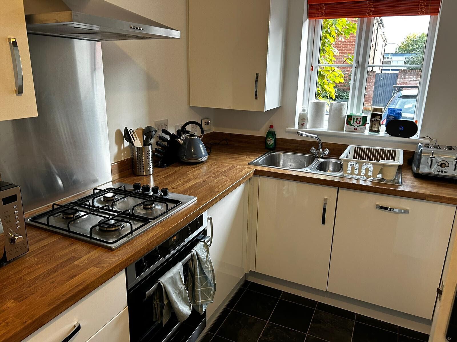 Fridge, microwave, oven, electric kettle