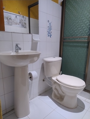 Secador de pelo, bidé, toallas y jabón