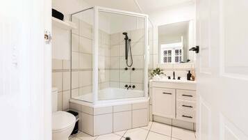 Shower, hair dryer, shampoo