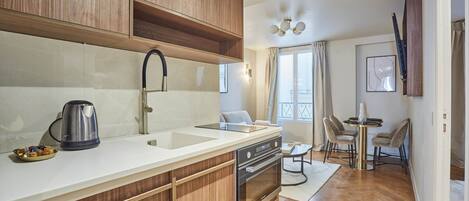 Apartment | Private kitchen | Fridge, microwave, stovetop, coffee/tea maker