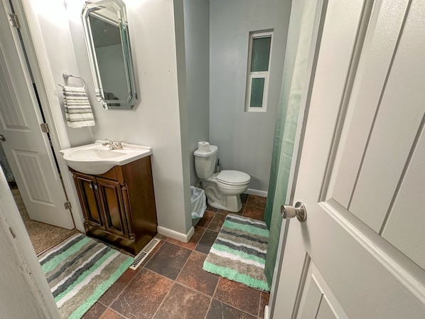 A bathroom with a sink, mirror, toilet, and a shower curtain.