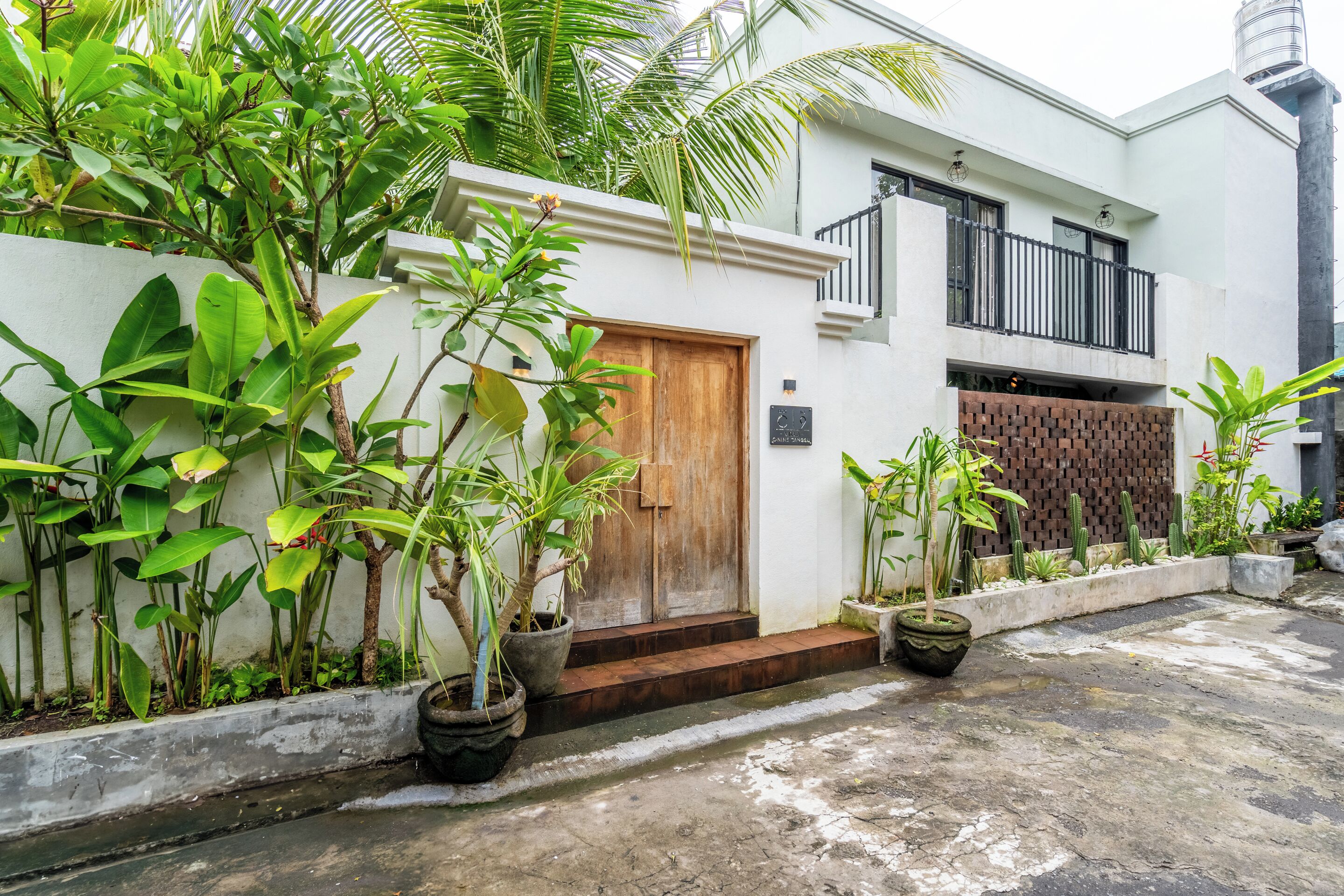 A modern house with a wooden door, potted plants, and a concrete pathway.