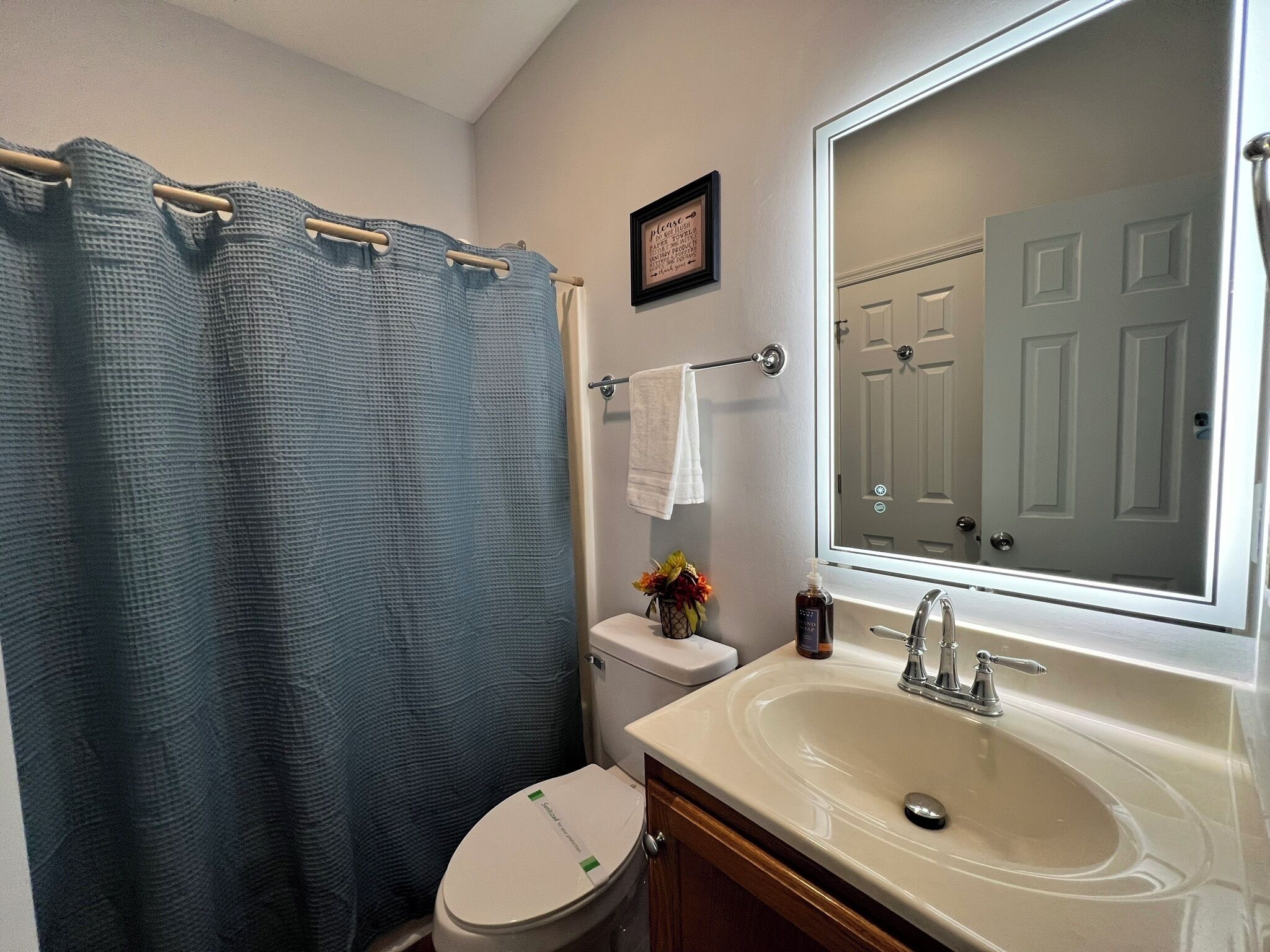 A bathroom with a shower curtain, toilet, sink, and a mirror reflecting a door.