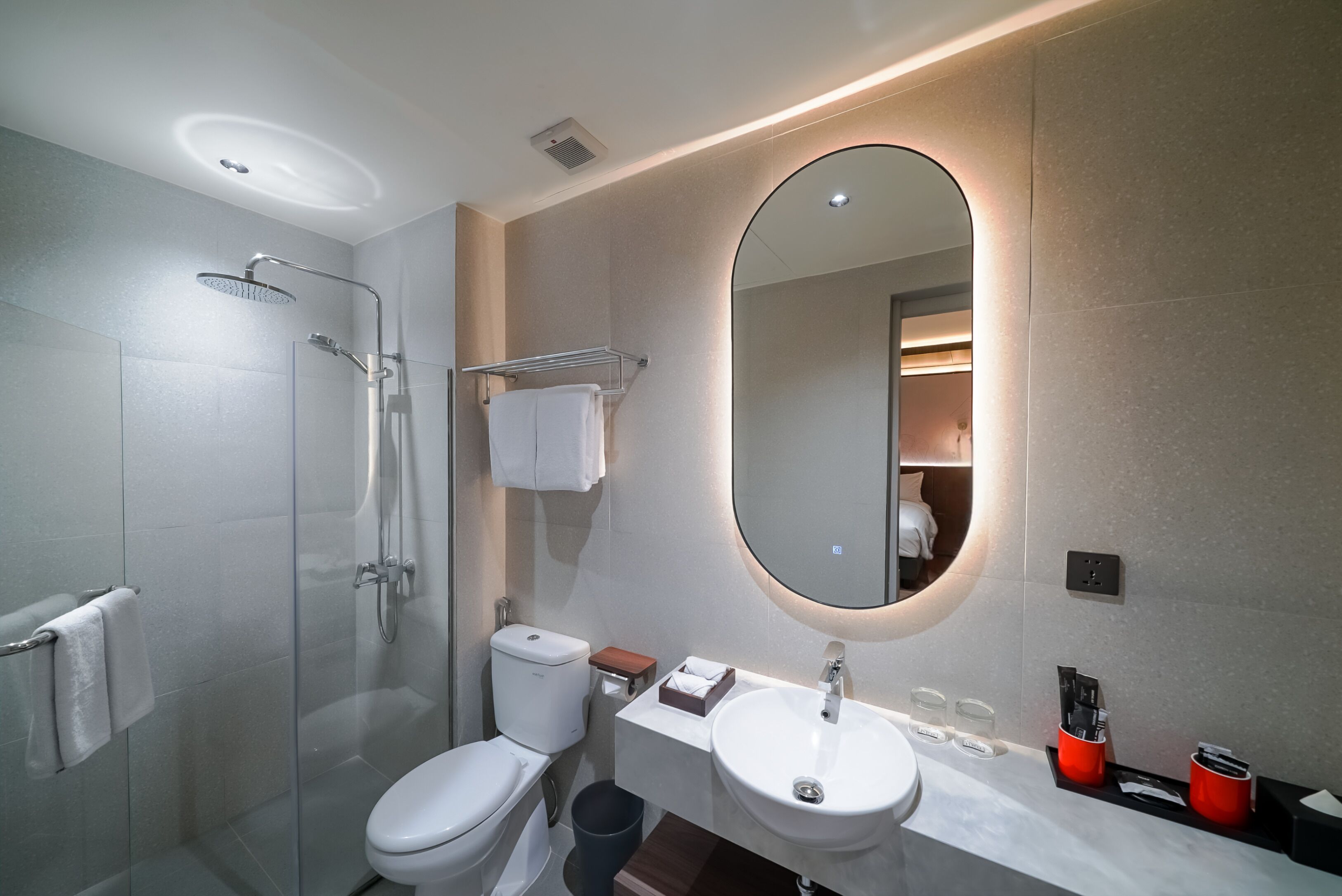 A modern bathroom with a glass-enclosed shower, a toilet, a sink with a mirror, and a towel rack.