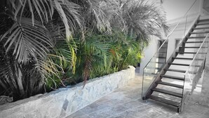 Een moderne trap met glazen balustrades die leidt naar een stenen muur met tropische planten.