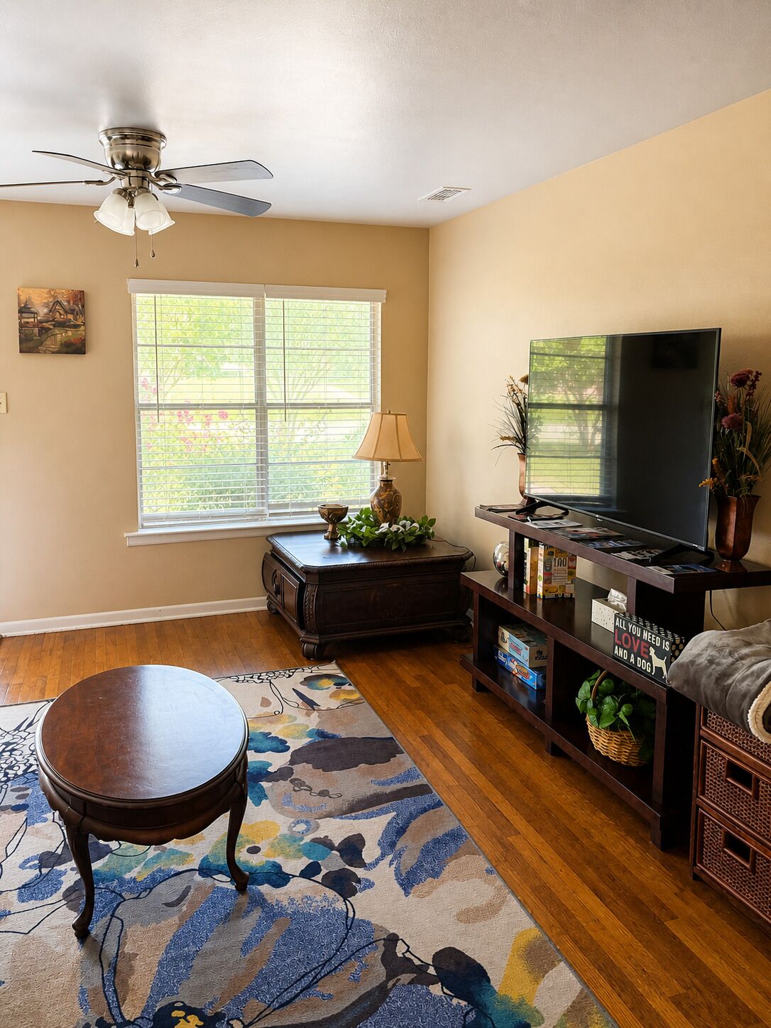 A living room with a ceiling fan, a large window, a television, and a coffee table.