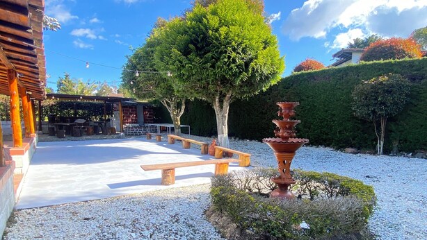 A courtyard with a large tree, a fountain, and a seating area. - VILLA LIGIA IN MEDELLIN (Medellín)