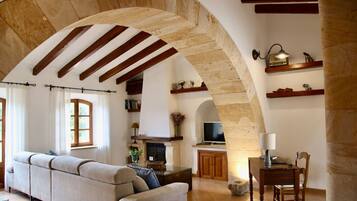 Télévision, cheminée, livres