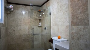 Shower, slippers, towels, soap