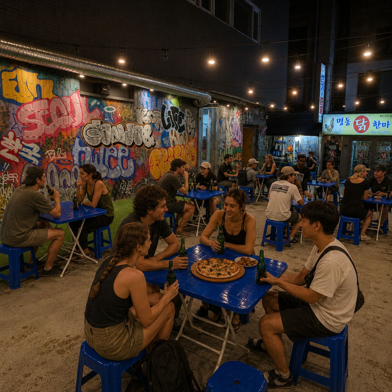 Un área de comedor al aire libre con mesas y sillas, rodeada por un muro con arte callejero.