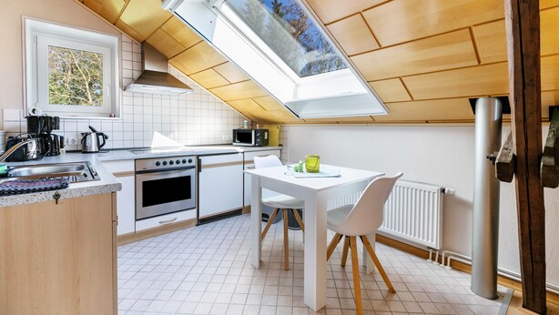 A modern kitchen with a skylight, white cabinets, a dining table with chairs, and a view of trees through the skylight. - Studio 'Alte Schmiede' with Wi-Fi and Air Conditioning (Kuden)