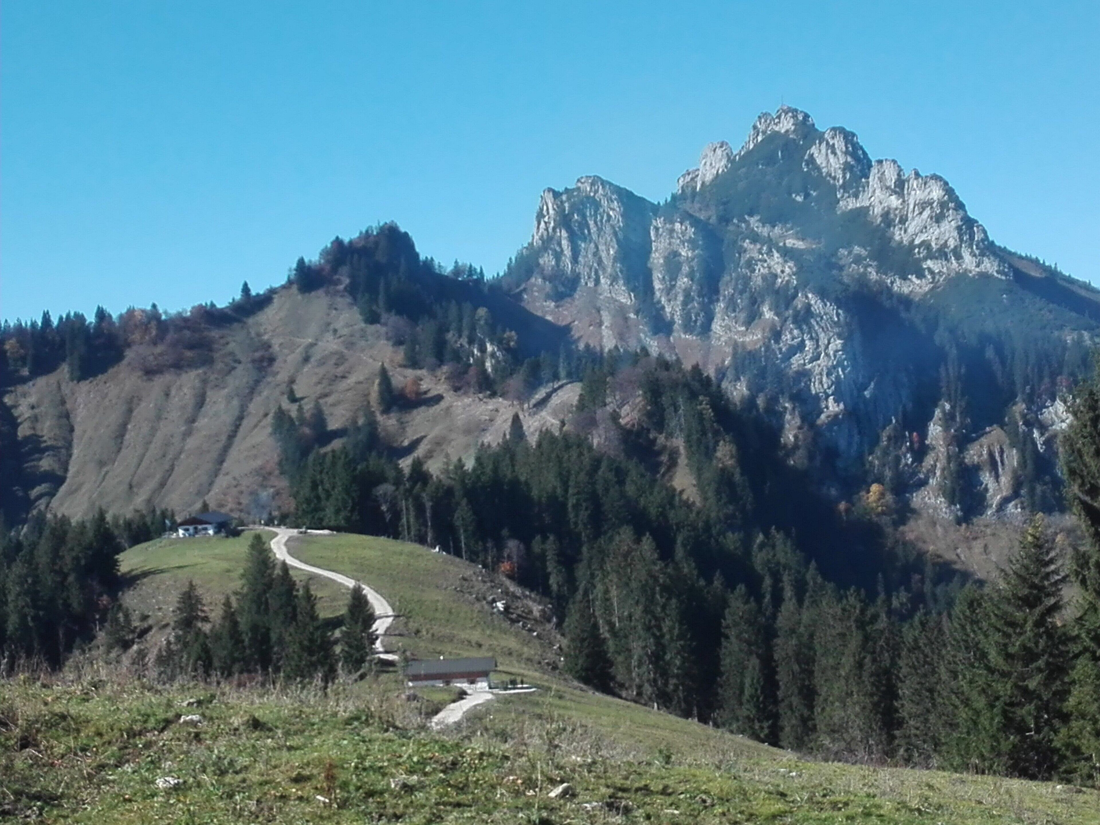 A mountain landscape with a winding road, a small building, and dense forest.