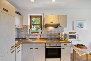 Fridge, microwave, oven, stovetop - Apartment 'Kauderer - Wohnung 1' with Private Terrace, Shared Garden and Wi-Fi (Waging am See)