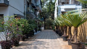 Un sendero pavimentado bordeado de plantas en macetas y una palmera, que conduce a un edificio con varios balcones y una valla de madera.