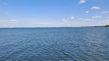 A calm body of water with a clear sky and distant land.