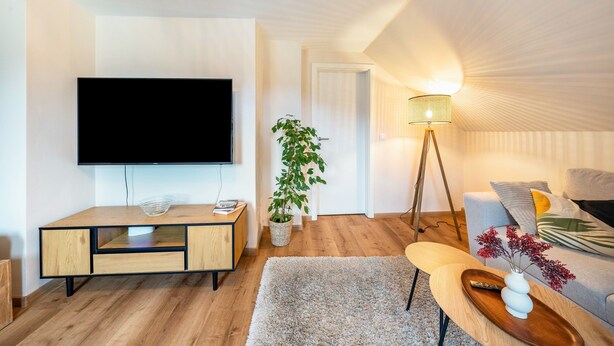 Una sala moderna con televisión de pantalla plana, muebles de madera, una planta en maceta, una lámpara de pie y un sofá con cojines.