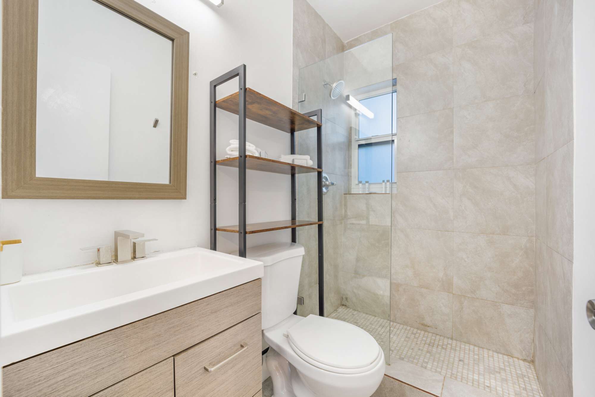 Shower, hair dryer, towels