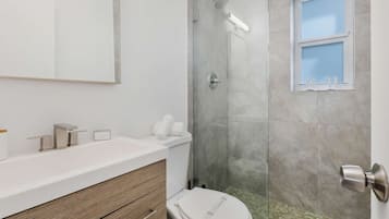 Shower, hair dryer, towels