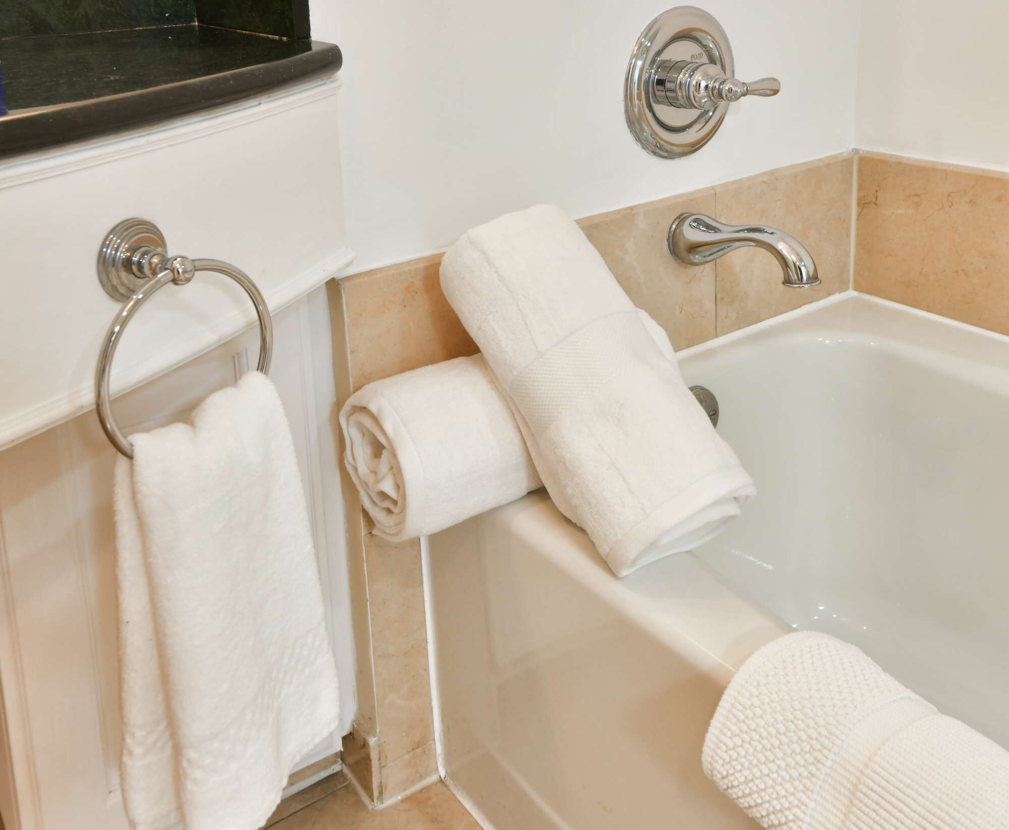 Hair dryer, towels, soap, shampoo
