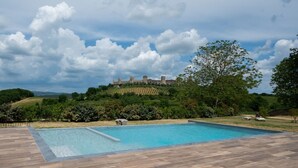 A swimming pool with a herringbone tile pattern, surrounded by a landscaped garden with a variety of shrubs and trees. In the background, there is a historic stone castle on a hill. - La Capanna, Borgo Campassini, Monteriggioni (Monteriggioni)