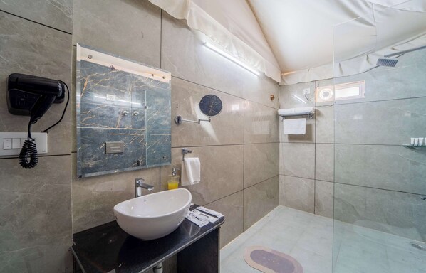 A modern bathroom with a large mirror, a sink, a hairdryer, and a shower area. - Sanskriti Fort (Bikaner)