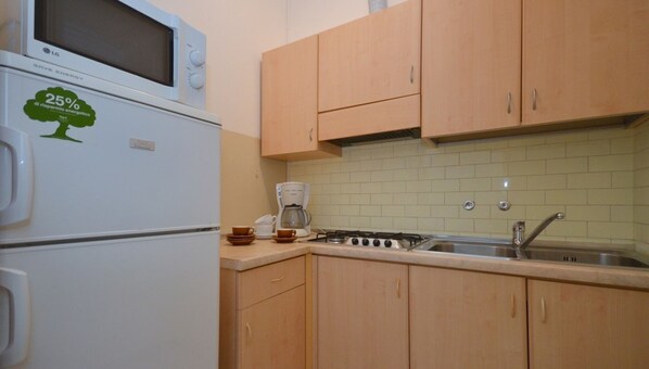 Kühlschrank, Mikrowelle, Herdplatte, Wasserkocher mit Kaffee-/Teezubehör
