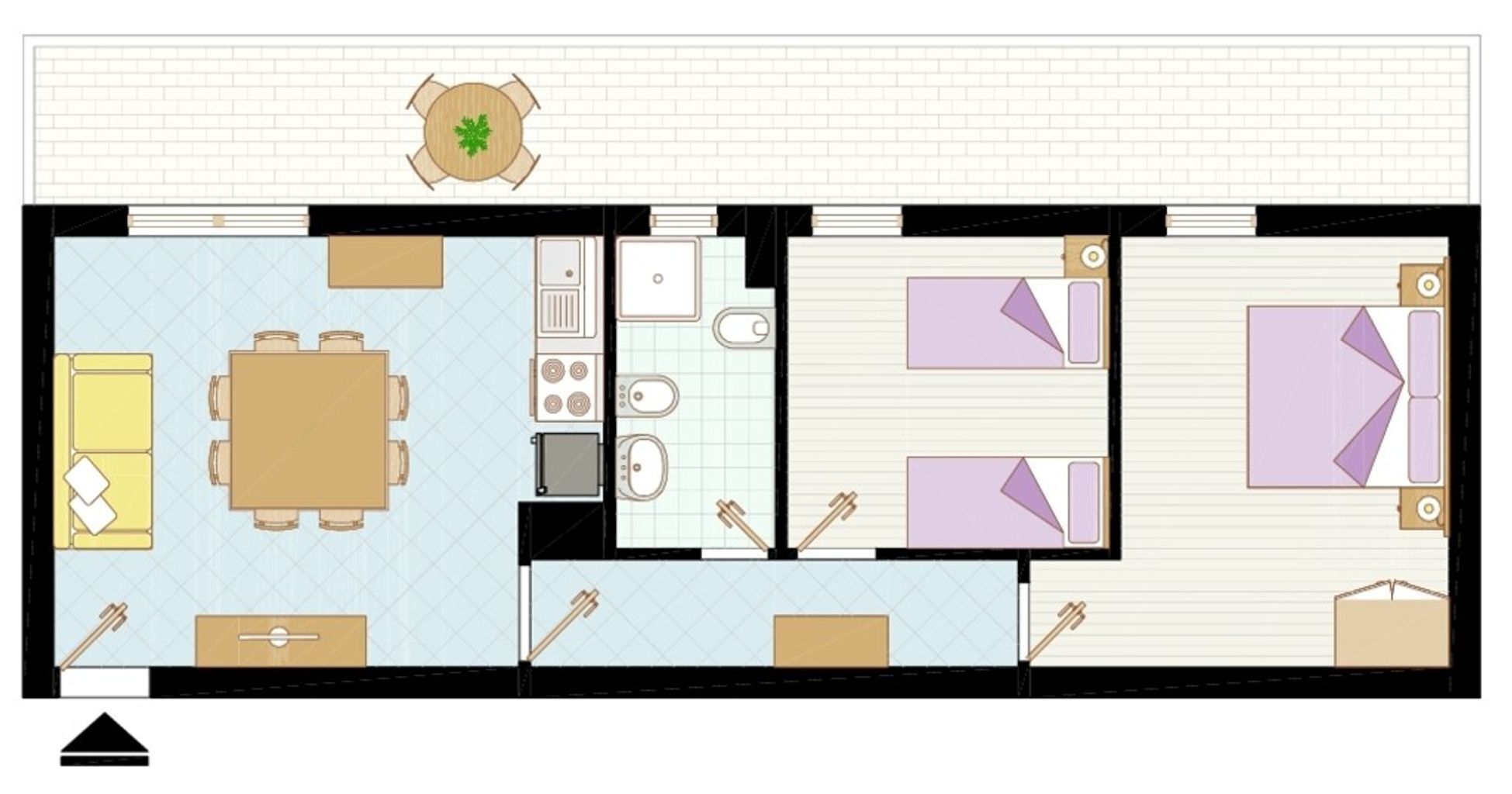 A floor plan of a hotel room with a dining area, kitchenette, and two bedrooms.