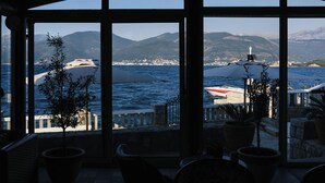 A room with large windows overlooking a coastal view, featuring a potted plant and a view of the sea and mountains. - Ground floor apartment, private beach and seaview (Tivat)