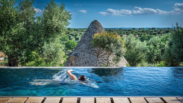 Una piscina con una persona nadando, rodeada de abundante vegetación y una estructura de piedra al fondo.