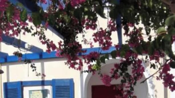 A covered outdoor seating area with a white table and blue chairs, a red door, and pink flowers. - Black Beach Village (Santorini)