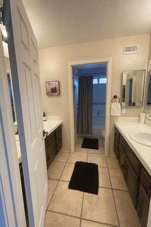 Hair dryer, bidet, towels, soap