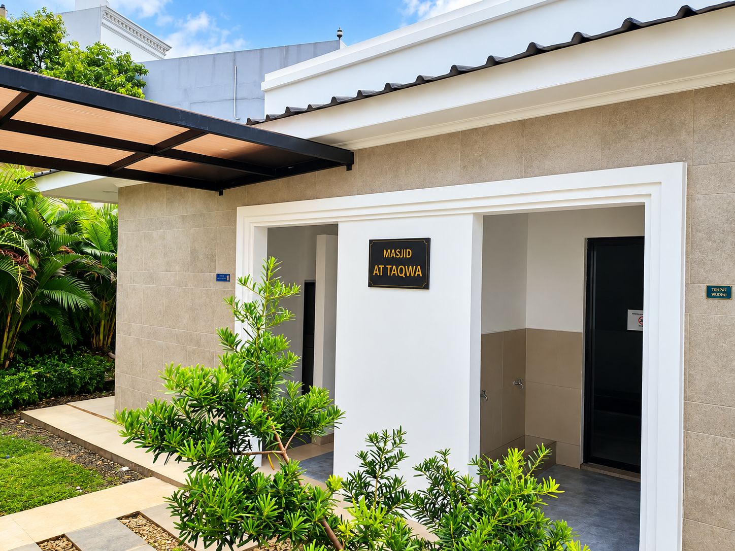 Entrada de un edificio con un letrero que dice 'MASJID AT TAQWA' y un área exterior cubierta con plantas.
