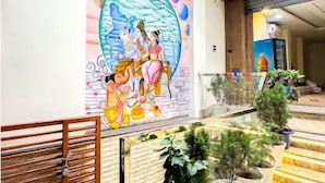 Un hall con un mural de una escena espacial y una hilera de plantas en macetas.