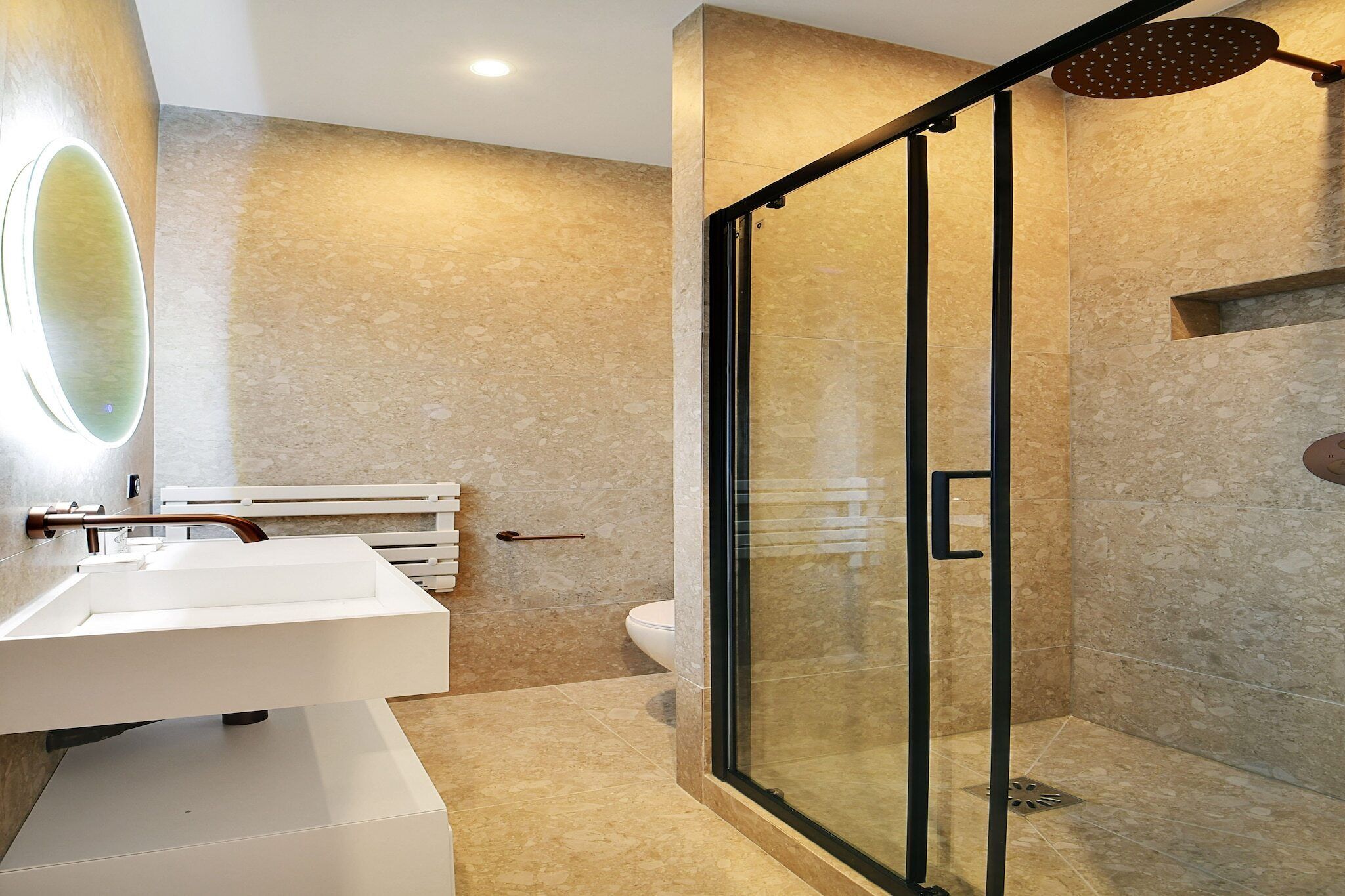 Shower, hair dryer, towels, shampoo