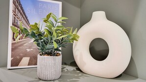 A framed Paris street view, a potted plant, and a modern white vase on a shelf.
