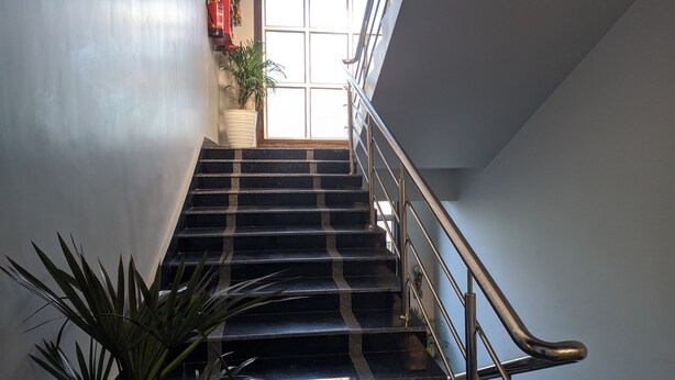 A staircase with a metal railing, potted plants, and a fire extinguisher on the wall. - Hotel Blue Bird (North Lakhimpur)