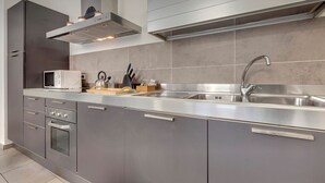 A modern kitchen with stainless steel appliances, a built-in oven, and a large sink. - Mamo Florence - Santo Stefano Apartment (Florence)