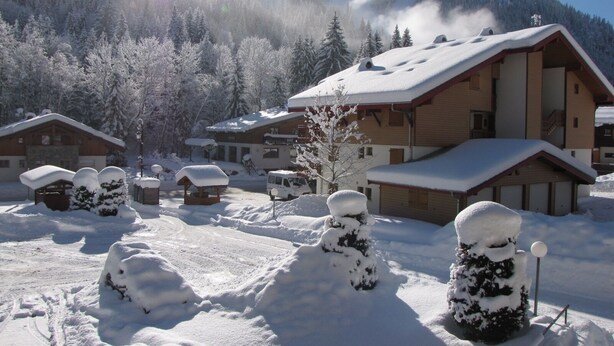 A snow-covered lodge with multiple buildings, a clear sky, and a mountainous backdrop. - Studio 4 persons Châtel / Linga. Chairlift within walking distance. (Châtel)